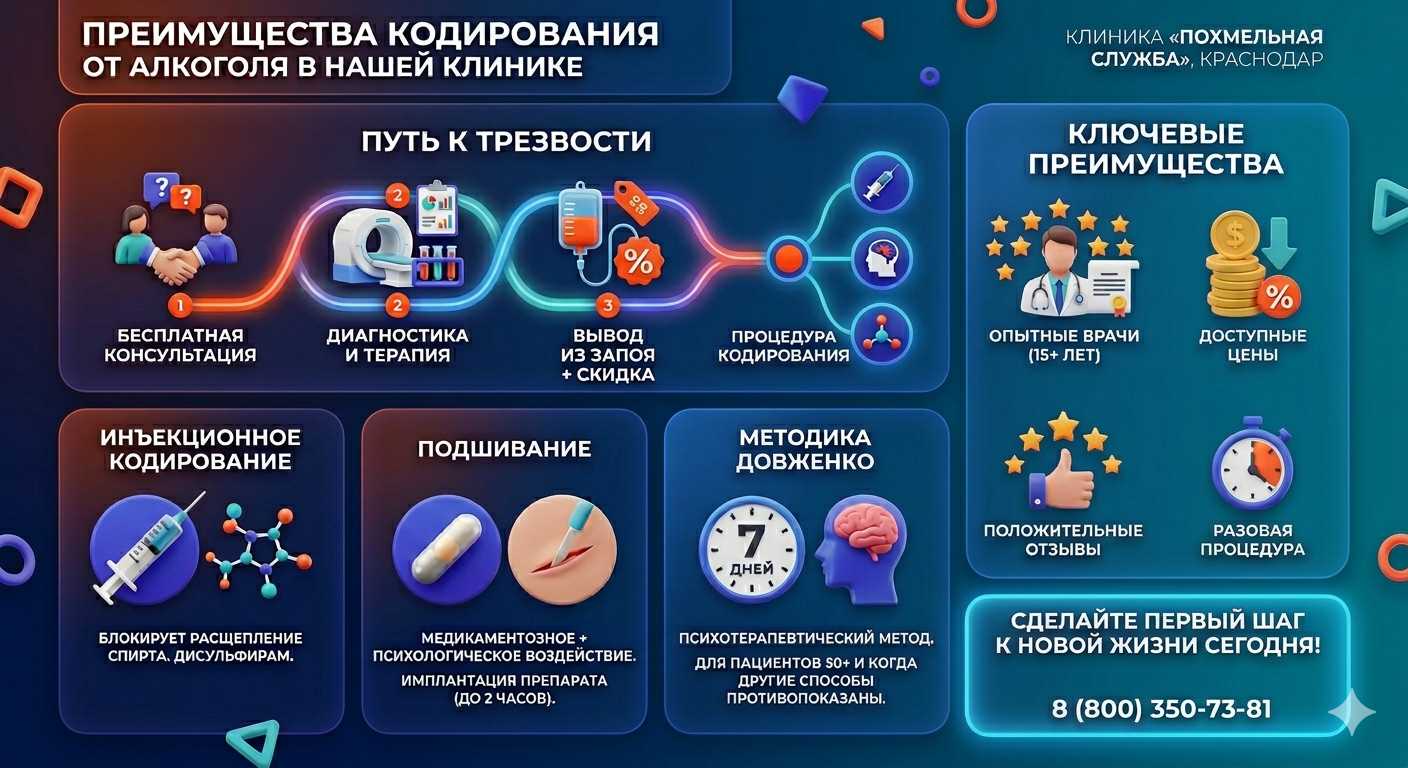Инфографика о методах кодирования от алкоголя в Поронайске: инъекции, подшивание, метод Довженко. Преимущества клиники и этапы лечения.