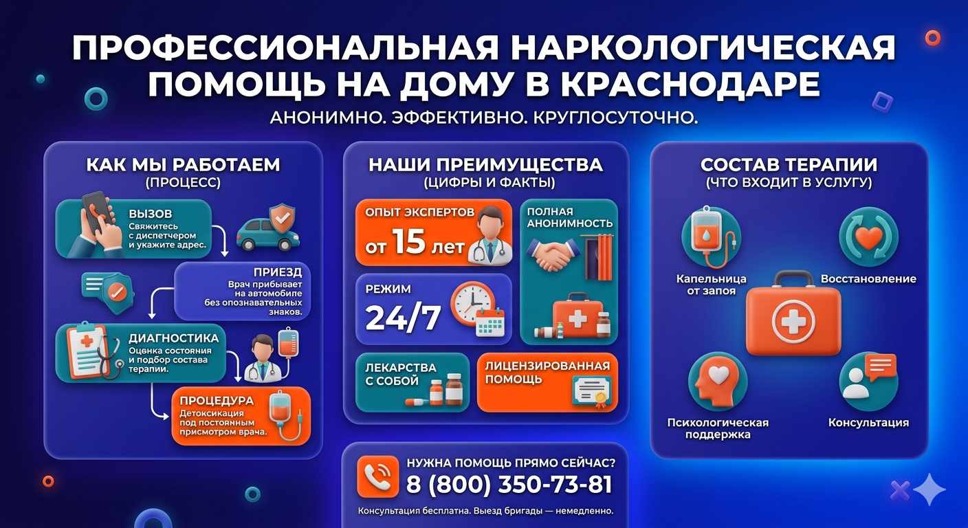 Инфографика о принципах лечения алкоголизма на дому в Поронайске: этапы вызова нарколога, преимущества анонимной детоксикации и состав медицинской помощи.